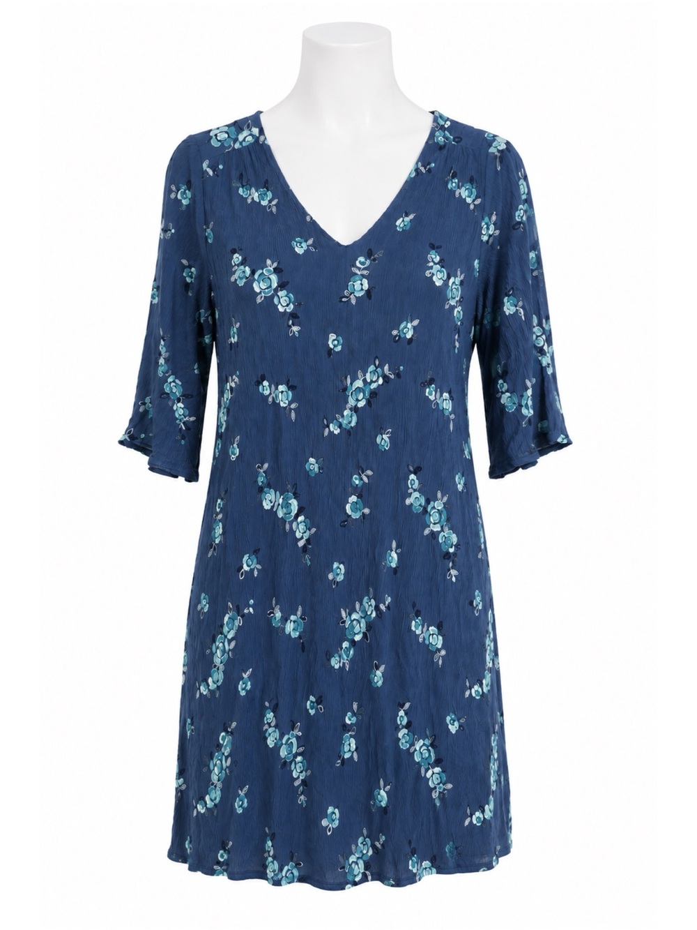 Size L Renee C Women’s Blue Floral Embroidered Keyhole Shift Dress Made in USA